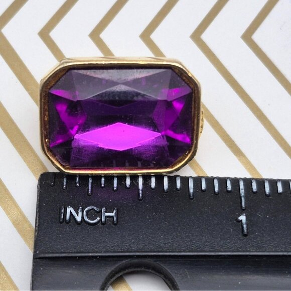 Gold Tone & Purple Crystal Rectangle Statement Stud Earrings Prom Formal Event - Picture 6 of 6